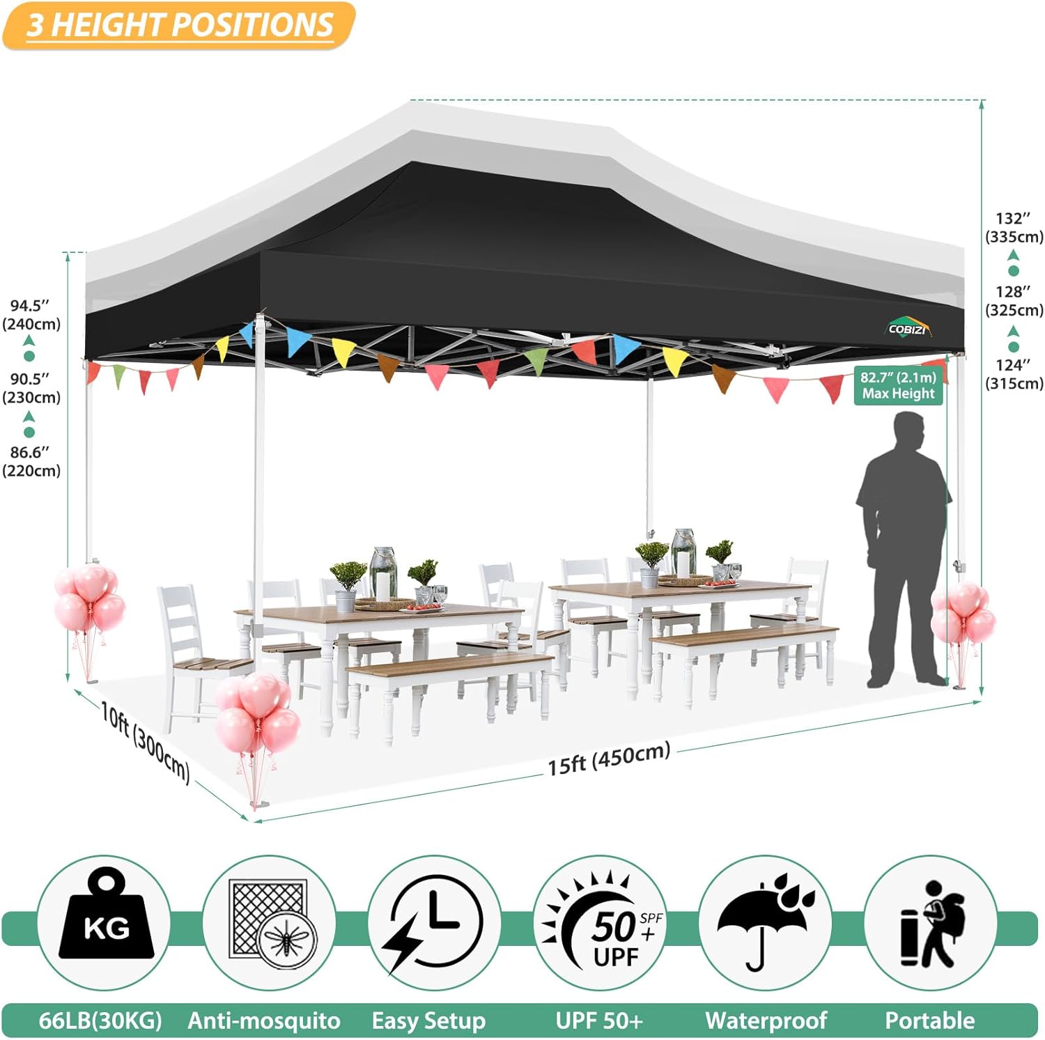 COBIZI 10x15 Heavy Duty Pop up Canopy with 4 Sidewalls, Canopy Tent with Mosquito Netting, Easy up Screen Party Tents for Parties Wedding Patio Backyard Commercial Gazebo with Handbag, Black