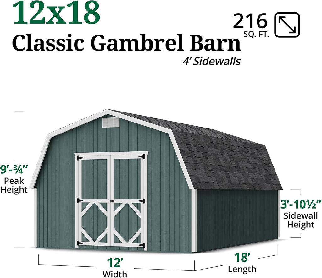 Little Cottage Co. 12x18 Classic Gambrel Barn with 4 ft. Sidewalls with Floor, Outdoor Wood Storage Shed Do-It-Yourself Precut Kit