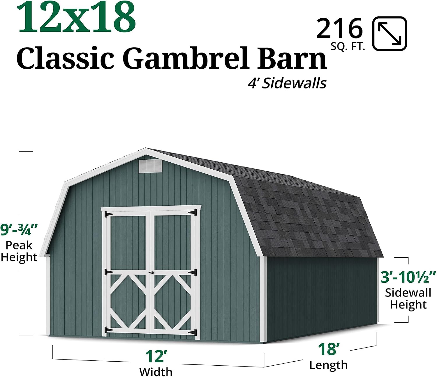 Little Cottage Co. 12x18 Classic Gambrel Barn with 4 ft. Sidewalls with Floor, Outdoor Wood Storage Shed Do-It-Yourself Precut Kit