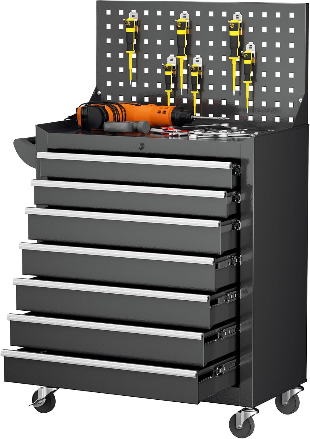Superday Rolling Tool Chest, 7 Drawer Portable Tool Chest with Wheels, Tool Storage Cabinet with Lock for Garage, Steel Tool Cart with Pegboard & Hooks for Workshop, Warehouse (Black)