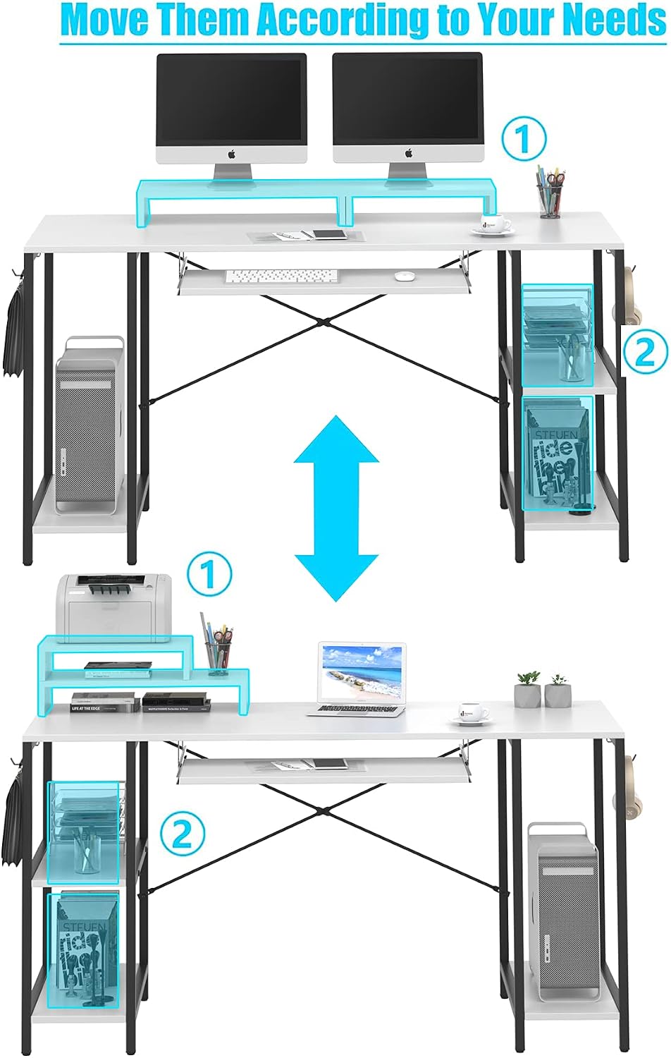 HYPIGO Computer Desk with Keyboard Tray, 55 Inch Music Studio Desk Music Production Desk with Storage Shelves Monitor Stands and 4 Iron Hooks, Workstation Gaming Table for Home Office