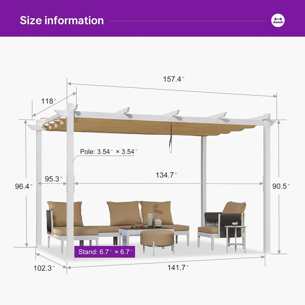 PURPLE LEAF 10' x 13' Aluminum Outdoor Pergola White Retractable Pergola with Double Sun Shade Canopy Wind-Resistant Heavy-Duty Metal Pergola for Patios Deck Backyard Garden, Khaki