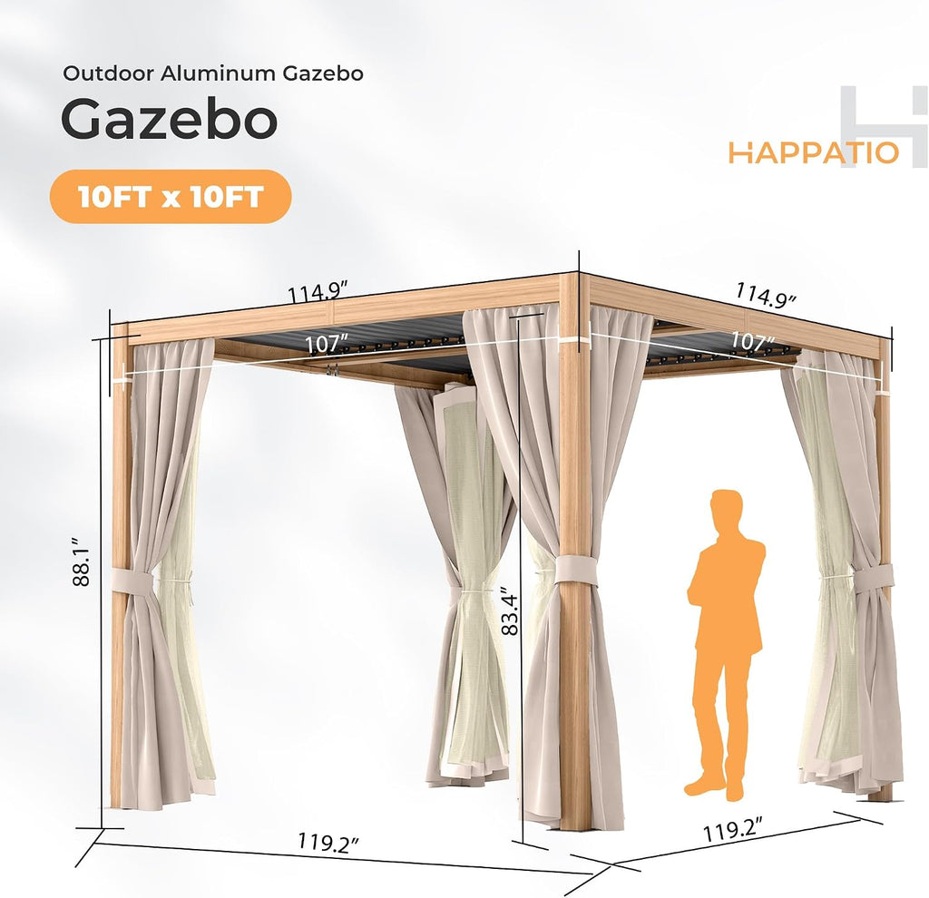 HAPPATIO Louvered Pergola 10' x10' Outdoor, Woodgrain-Look Aluminum Frame with Adjustable Rainproof Roof, Patio Pergola with Curtains and Mosquito Nets, Aluminum Frame for Patio, Backyard, Deck