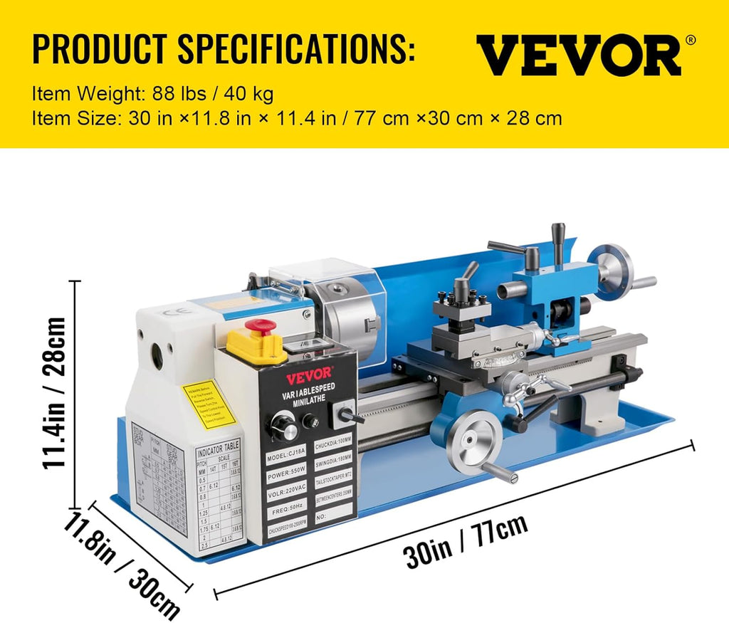 VEVOR Metal Lathe, Upgraded Digital Display 7'x14' Benchtop Metal Lathe 550W Variable Speed 2250RPM with 3-jaw Chuck CNC Mini Lathe Machine Precision Mini Lathe Tool Box for Metal Turning