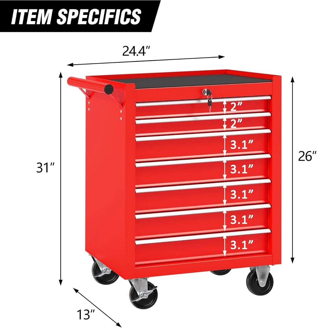 Rolling Tool Chest Cart with 7 Drawers,Storage Tool Cabinet on 4 Wheels. Lockable Tool Cart with Drawer Liners.Steel Tool Box Organizer for Garage,Repair Workshop-Red Plus