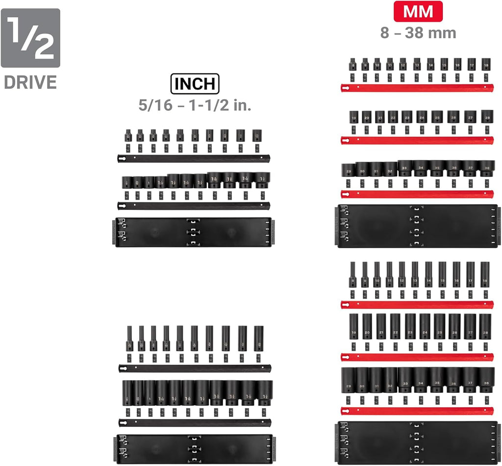 TEKTON 1/4, 3/8, 1/2 Inch Drive 6-Point Impact Socket Set with Rails and Trays, 230-Piece (5/32-1-1/2 in., 4-38 mm) | SID99200