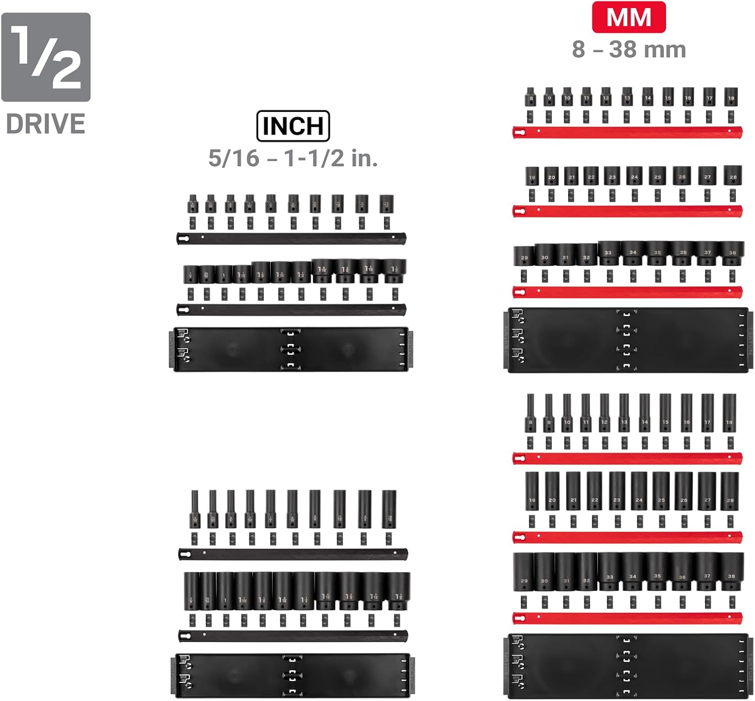 TEKTON 1/4, 3/8, 1/2 Inch Drive 6-Point Impact Socket Set with Rails and Trays, 230-Piece (5/32-1-1/2 in., 4-38 mm) | SID99200
