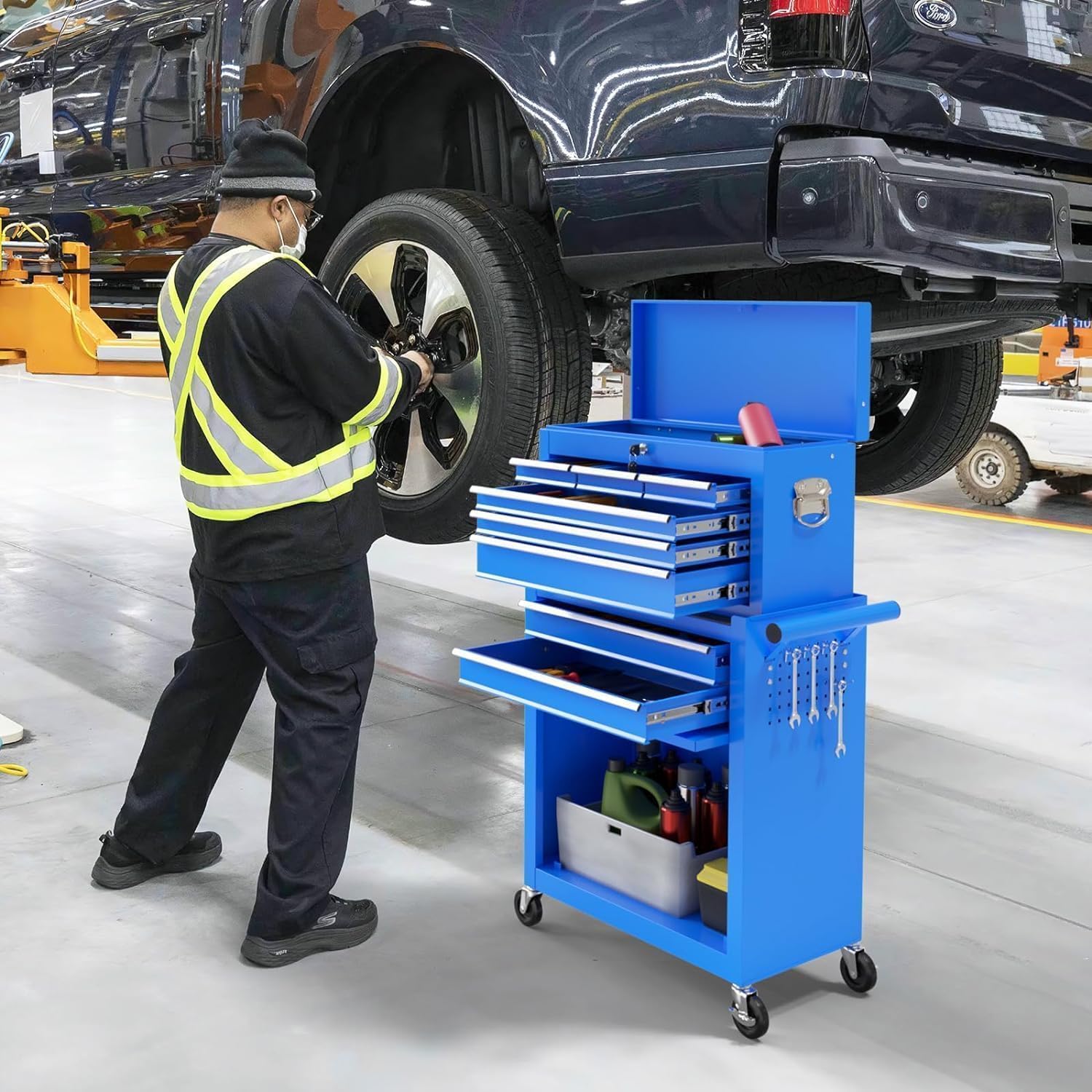 8-Drawer Rolling Tool Chest Tool Box,Removable Tool Storage Cabinet with 4 Wheels and Drawers,2 in 1 Portable Toolbox Organizer, Tool Chest with Lockable Drawer Gifts for Men, Blue