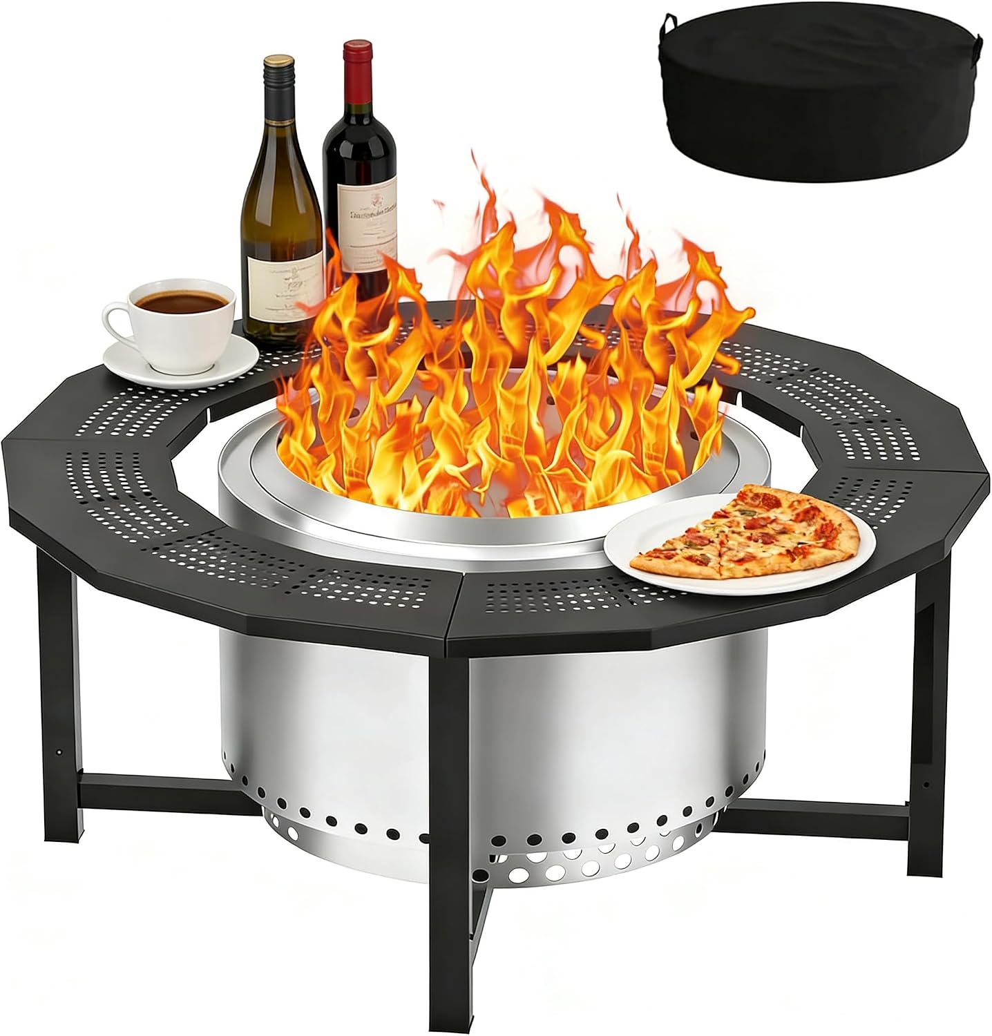 40'' Fire Pit Surround Tabletop with Cover for Solo Stove Bonfire and Ranger, Powder-Coated Steel Surround Table for Safety and Extra Large Space