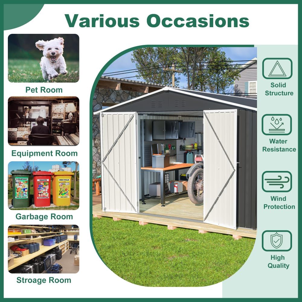 Large Outdoor Storage Shed 10x12 FT, Heavy-Duty Metal Garden Tool Organizer with Lockable Doors and Weather-Resistant Roof for Backyard (10x12 ft Grey)