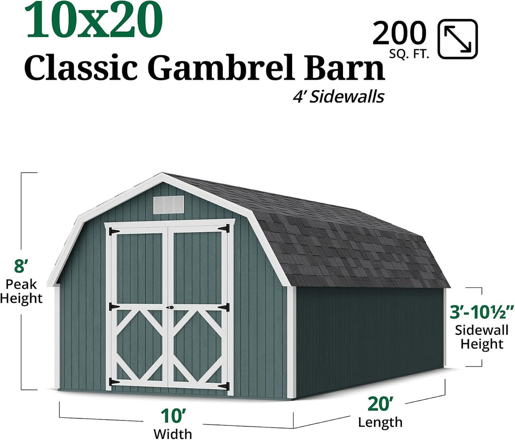 Little Cottage Co. 10x20 Classic Gambrel Barn with 4 ft. Sidewalls with Floor, Outdoor Wood Storage Shed Do-It-Yourself Precut Kit