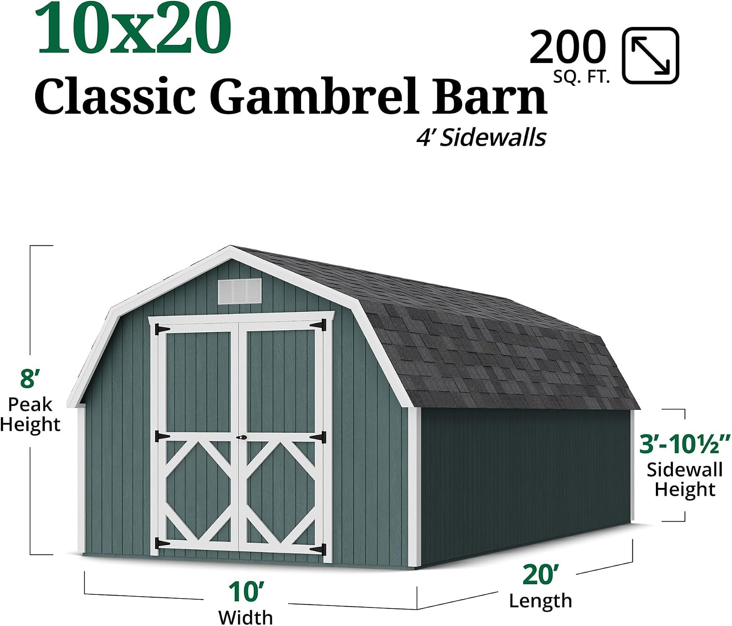 Little Cottage Co. 10x20 Classic Gambrel Barn with 4 ft. Sidewalls with Floor, Outdoor Wood Storage Shed Do-It-Yourself Precut Kit