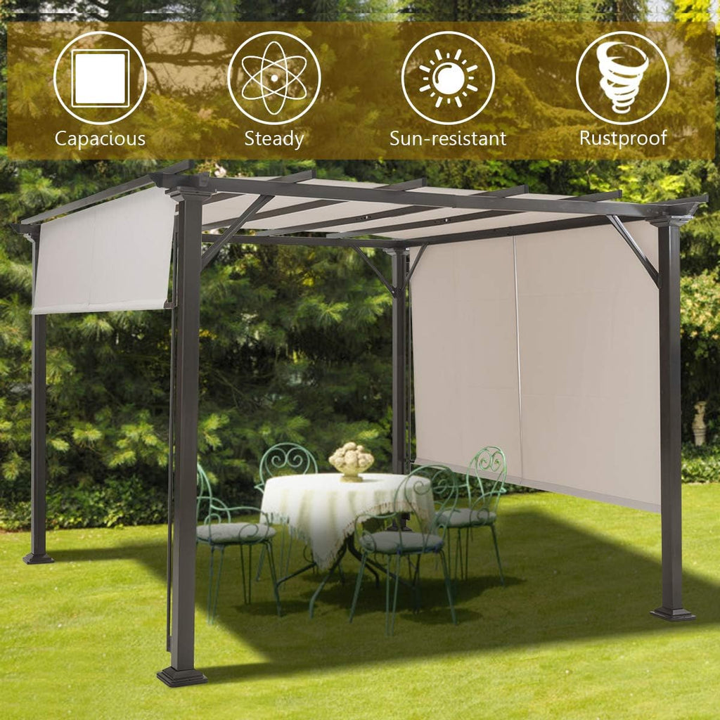 Tangkula 10x10FT Outdoor Patio Shade Structure, Steel Pergola with Retractable Canopy Shades, Rustproof Metal for Patio, Backyard, Garden (Beige)