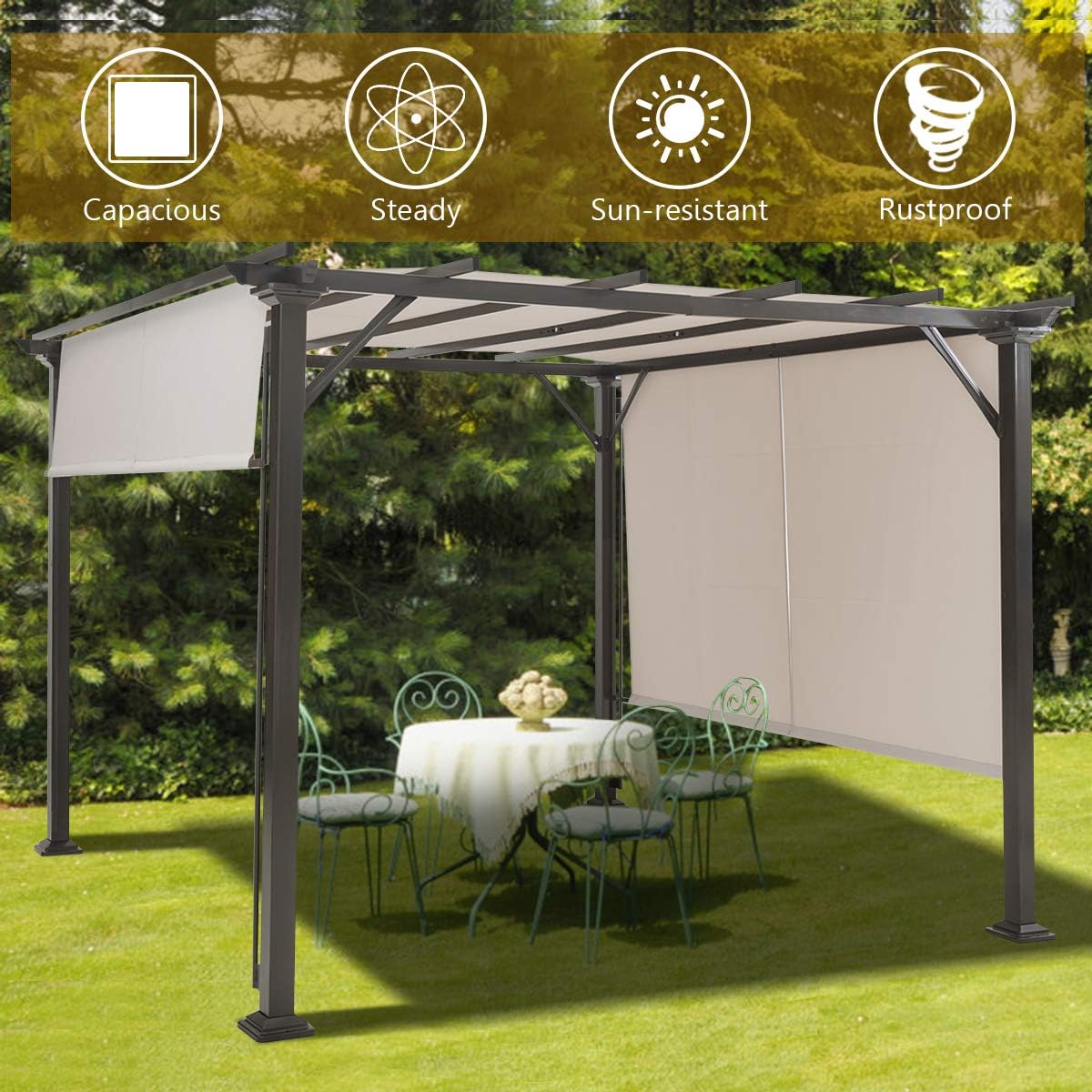 Tangkula 10x10FT Outdoor Patio Shade Structure, Steel Pergola with Retractable Canopy Shades, Rustproof Metal for Patio, Backyard, Garden (Beige)