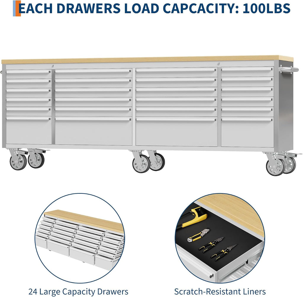 GarveeTech 96 inch Tool Chest, Tool Box Mobile 24 Drawers Storage Rolling Cabinet with Wheels Lock Key Locking System Drawer Liners for Garage Warehouse Repair Shop