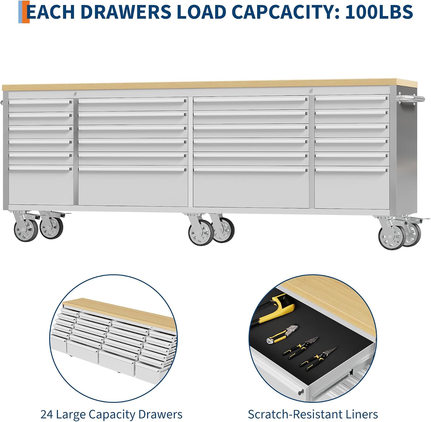 GarveeTech 96 inch Tool Chest, Tool Box Mobile 24 Drawers Storage Rolling Cabinet with Wheels Lock Key Locking System Drawer Liners for Garage Warehouse Repair Shop
