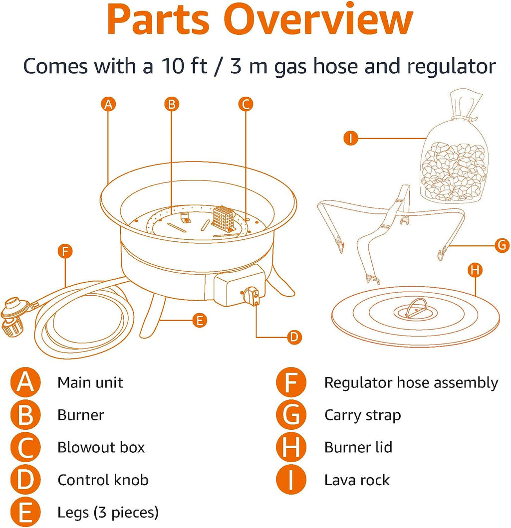 Amazon Basics Portable Propane Fire Pit, 19 inch Round Gas for Patio, 55,000 BTU, Carry Strap, Heat, Warmth and Ambience