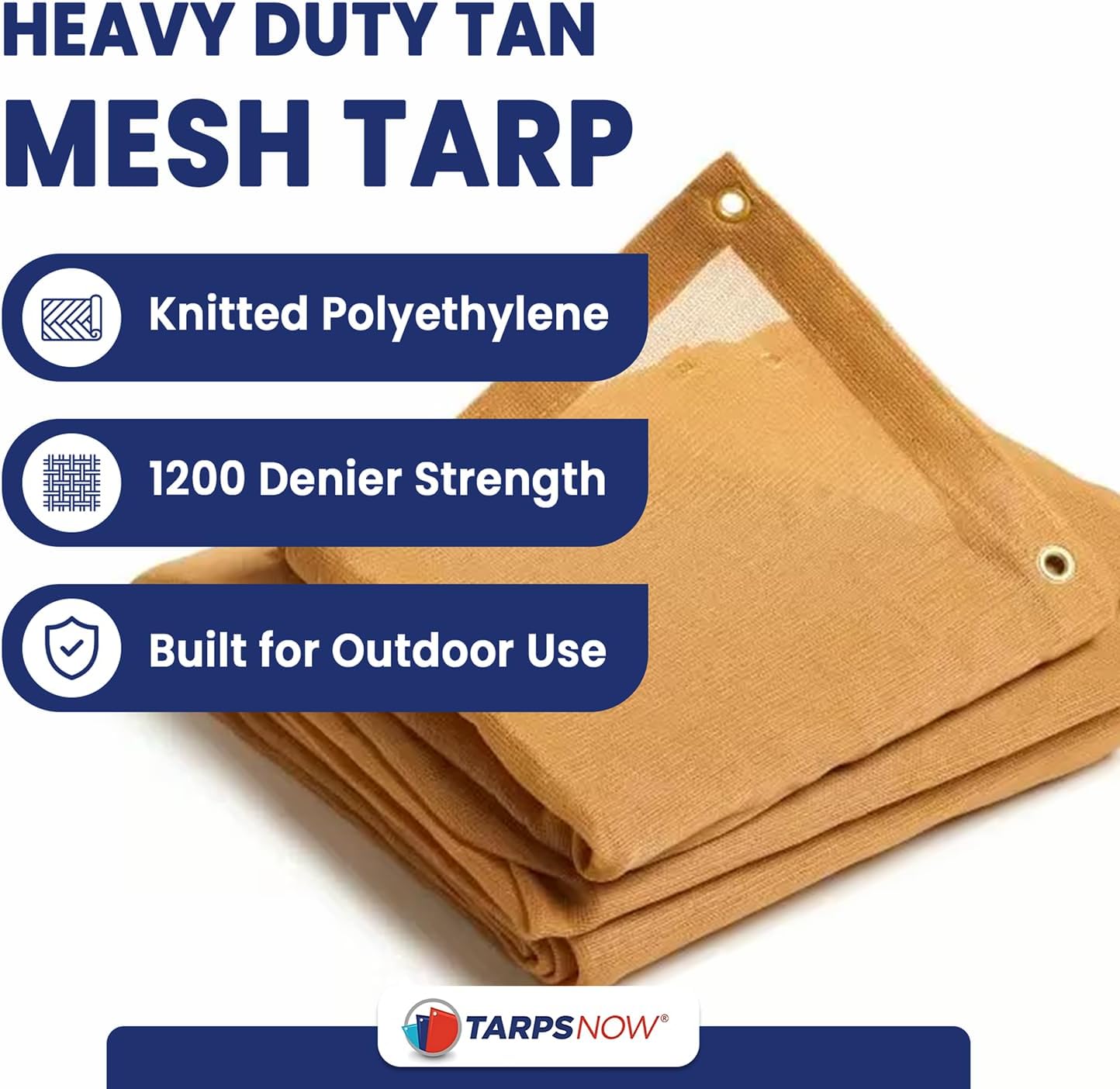 Tarps Now 20' x 20' Tan Mesh Tarp Heavy Duty - 6.8 oz Knitted HDPE - 75% Shade Cloth for Garden, Backyard, Patios - Brass Grommets - UV Resistant Breathable Privacy Screen, Sun Shades Outdoor Patio