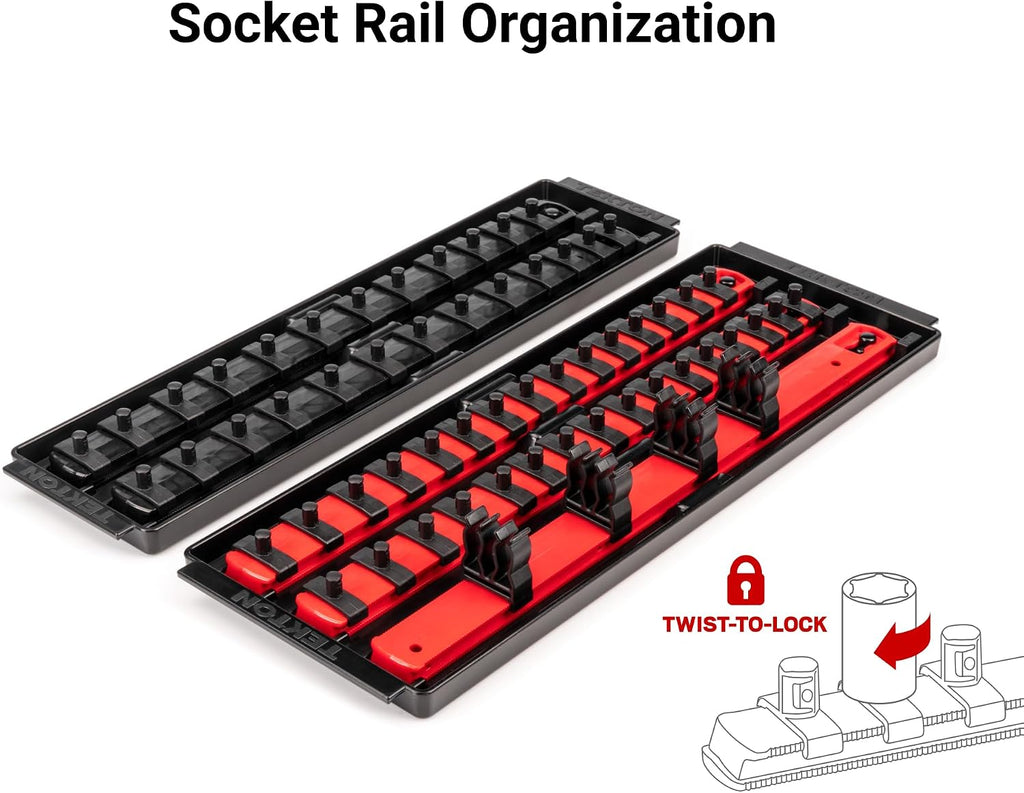 TEKTON 1/4 Inch Drive 6-Point Socket and Ratchet Set with Rails and Trays, 57-Piece (5/32-9/16 in., 4-15 mm) | SKT03301