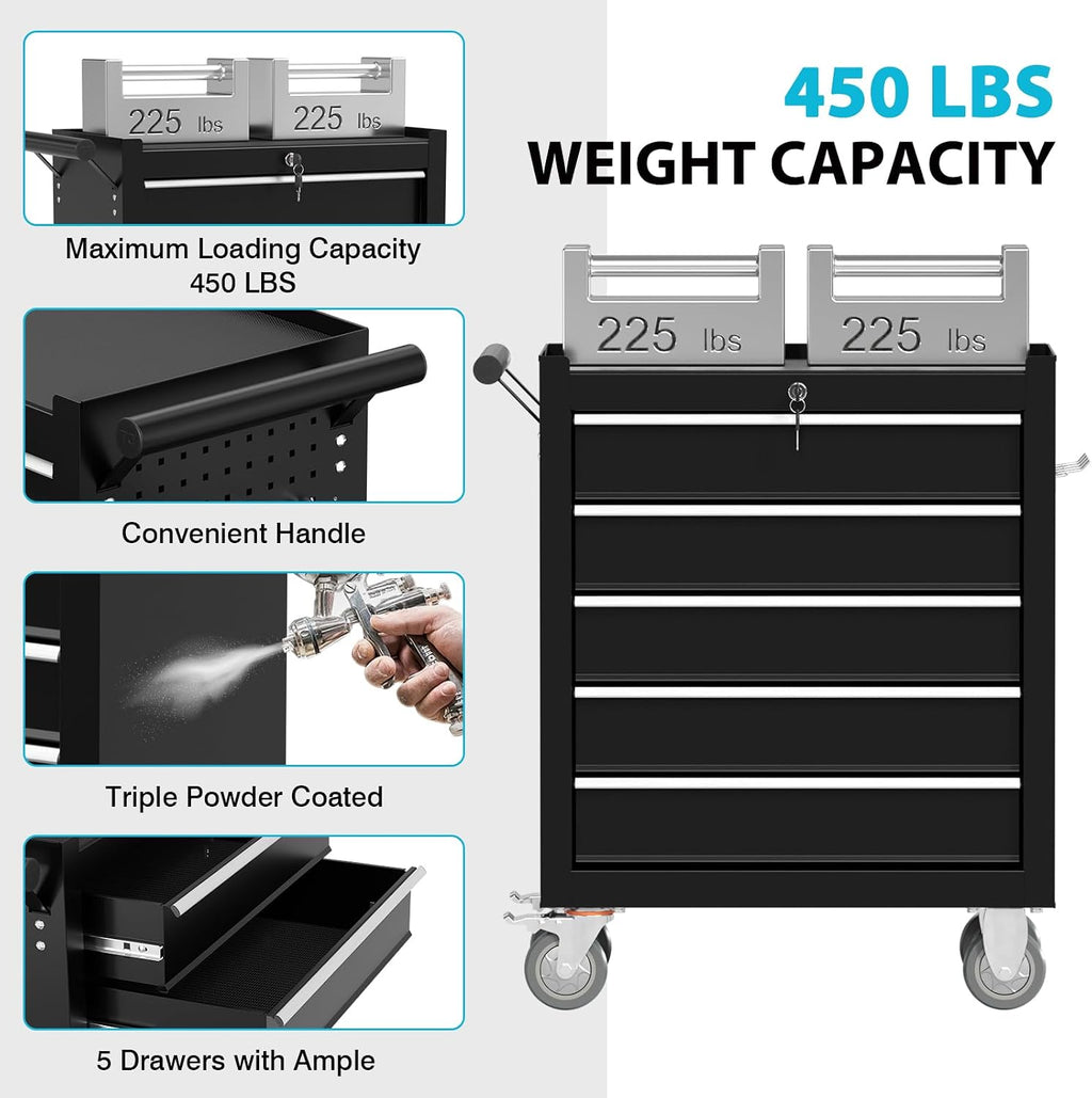 5 Drawers Metal Rolling Tool Chest, Portable Storage Tool Box with Wheels, Toolbox with Lock for Warehouse, Garage, Repair Shop and Tool Room