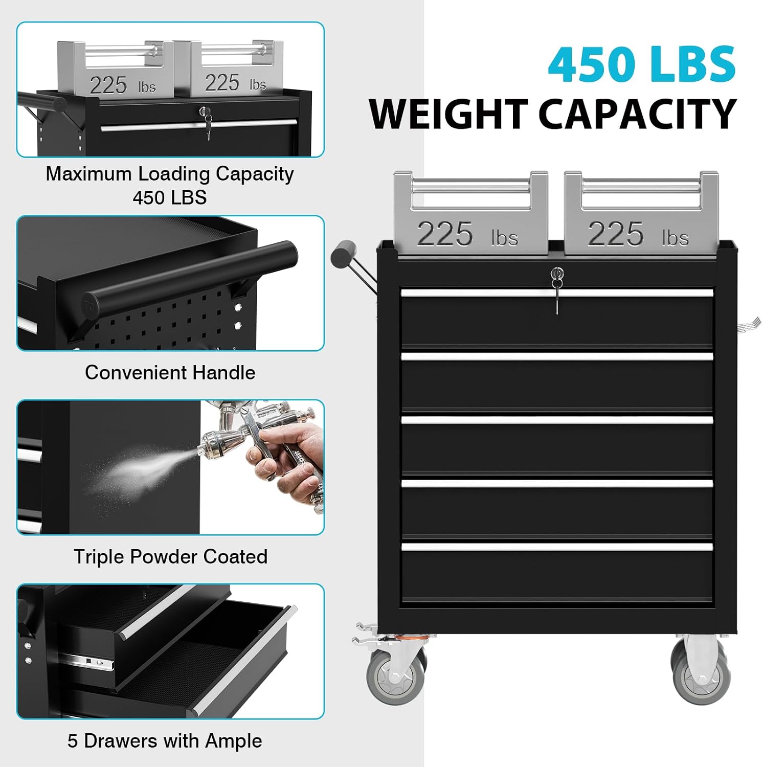 5 Drawers Metal Rolling Tool Chest, Portable Storage Tool Box with Wheels, Toolbox with Lock for Warehouse, Garage, Repair Shop and Tool Room