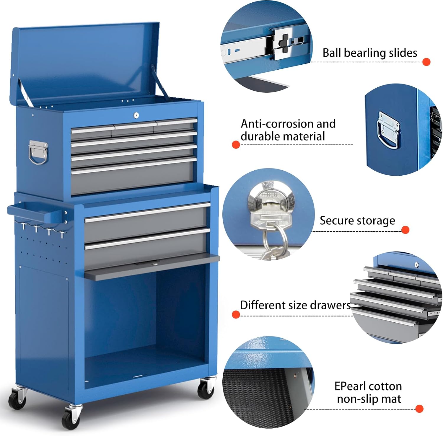 AIRAJ 8-Drawer Tool Chest with 360° Swivel Castors,42' Rolling Tool Chest with Drawers and Lock,2-in-1 Detachable Metal Cabinet with Drawer Liners and Trays,Suitable for Garages,Workshops &Warehouses