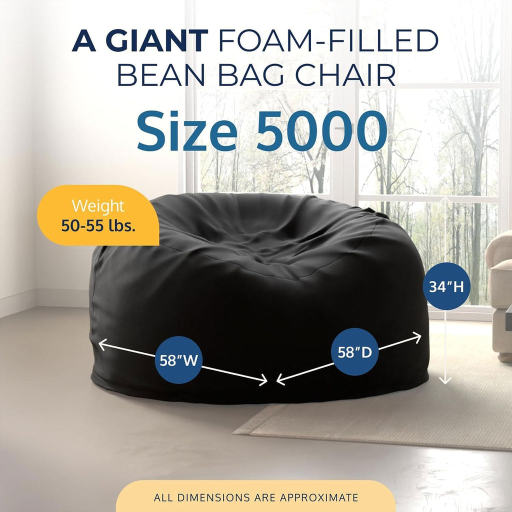 ULTIMATE SACK 5000 5-Foot Bean Bag Chair with Footstool, Black Suede Cover – Oversized Foam Lounger, Floor Seat, Small Sofa, or Couch Bed for Living Area, Gaming Room, or Reading Lounge