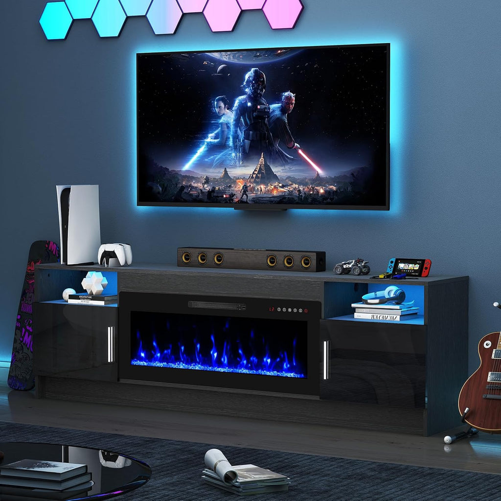 70' TV Stand with Fireplace for TVs Up to 80', LED Light Media Console with 36' Electric Heater, Storage Cabinet, Entertainment Center for Living Room, Black