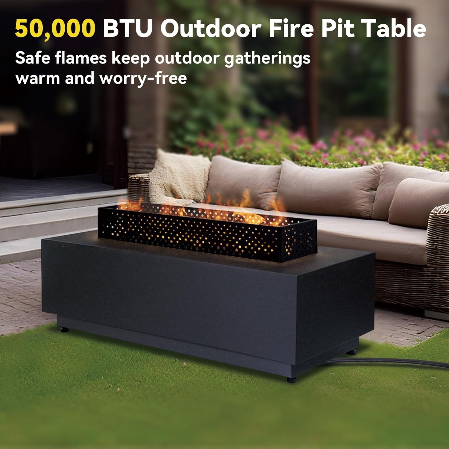 42 Inch Propane Fire Pit Table, 3-piece Outdoor Rectangular Fire Pit, 50,000BTU Firepits for Outside Patio with Hidden Tank Table, Griddle, Wind Guard, Lid, Black