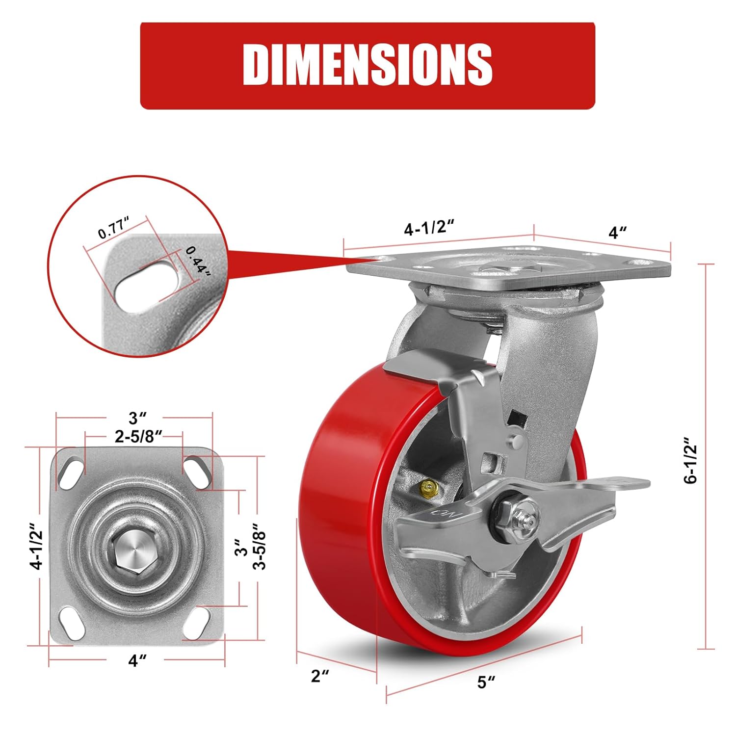 5' X 2' Industrial Plate Swivel & Brake Caster Wheels Set of 4 Heavy Duty,Load Capacity 4000lbs, No Noise Polyurethane Wheel on Steel Hub for Toolbox Workbench