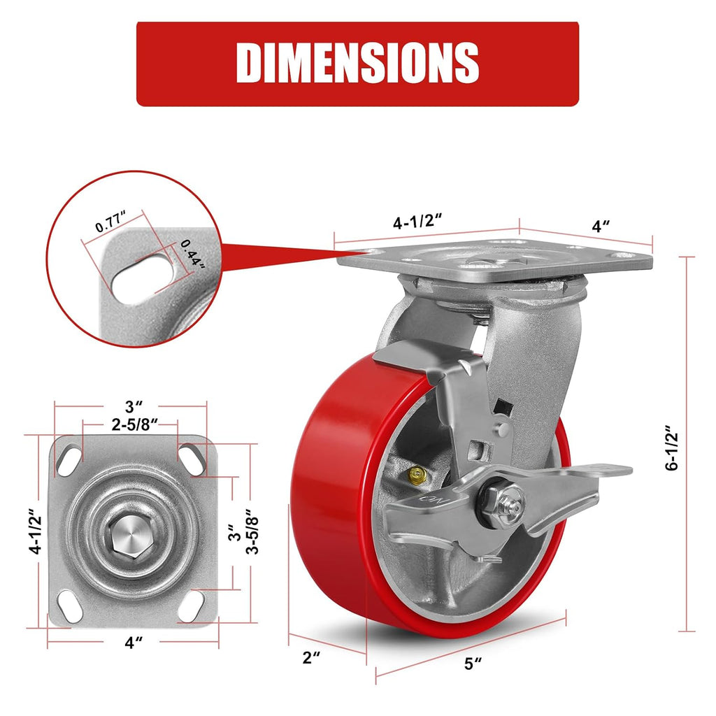 5' X 2' Industrial Plate Brake Caster Wheels Set of 4 Heavy Duty,Load Capacity 3200lbs,Polyurethane Wheel on Steel Hub for Toolbox Workbench