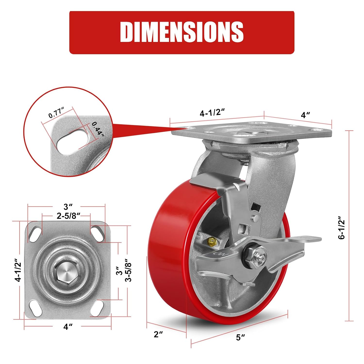 5' X 2' Industrial Plate Brake Caster Wheels Set of 4 Heavy Duty,Load Capacity 3200lbs,Polyurethane Wheel on Steel Hub for Toolbox Workbench