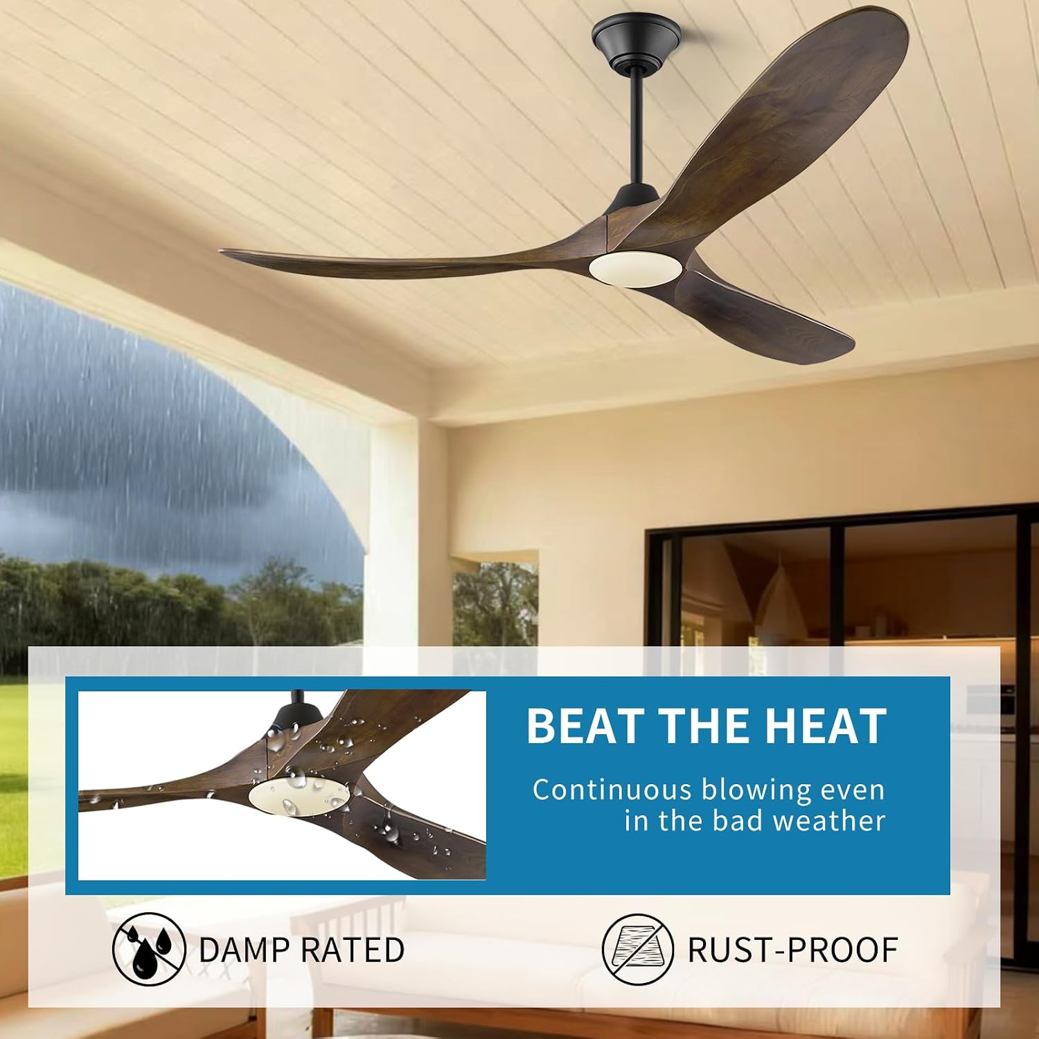 60 Inch Outdoor Ceiling Fan with Light, Damp Rated for Patio, Smart Alexa/App/Remote Control, 3 Walnut Wood Propeller Blades, High 8268 CFM Quiet DC Motor, Modern Farmhouse for Indoor Exterior Porch