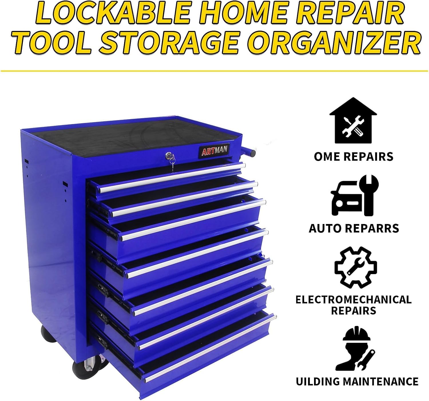 7-Drawer Rolling Tool Cart with Locking Drawers, Blue Metal Storage Cabinet, Mobile Tool Chest Organizer for Garage, Warehouse, Repair Shop, Workshop