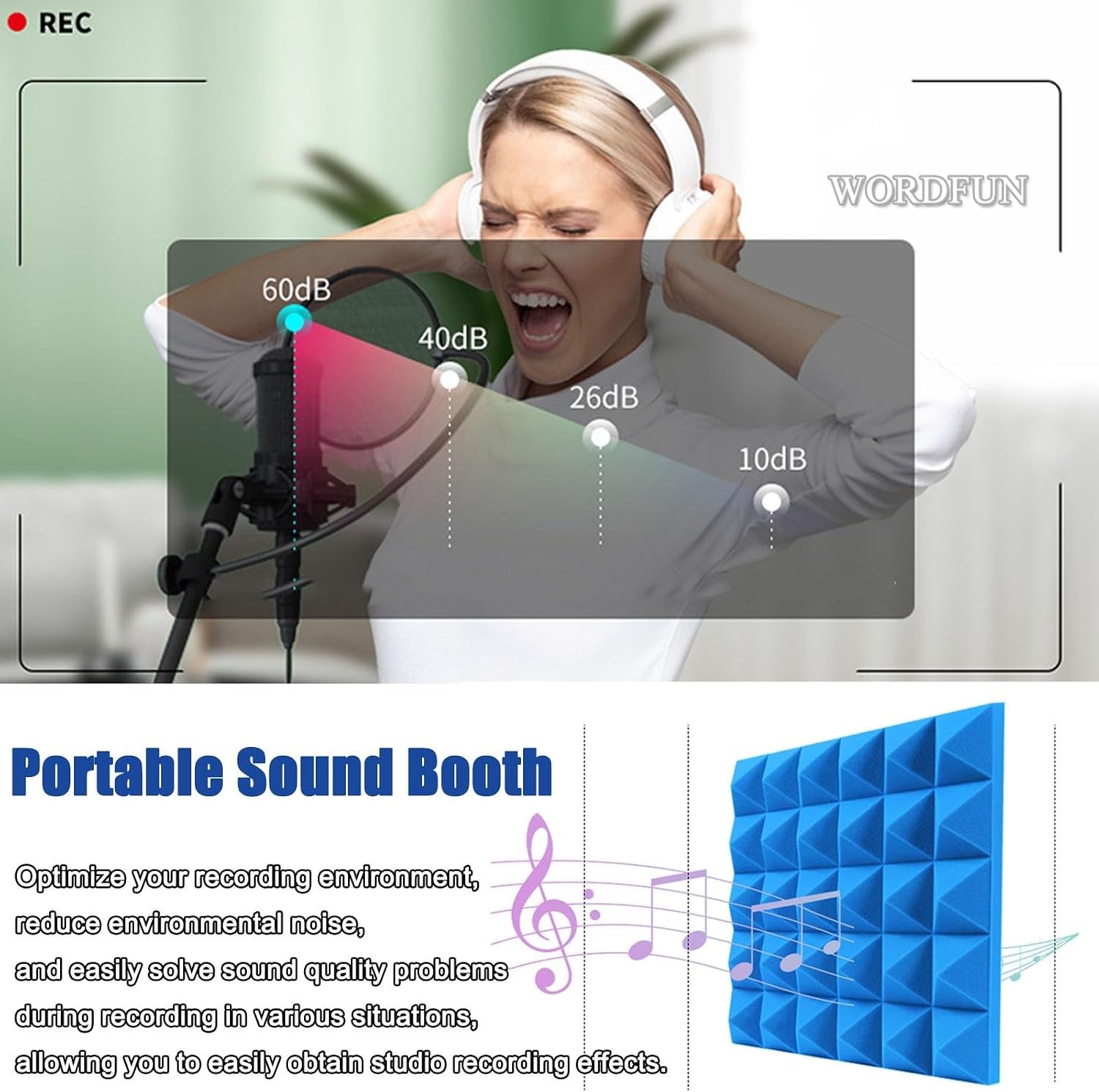 WORDFUN Desktop Soundproof Cover, 80x80x80cm Portable Vocal Booth for Recording, Microphone Foam Booth Cube, for Microphone Recording Equipment Podcasts Singing Gaming and Broadcasting