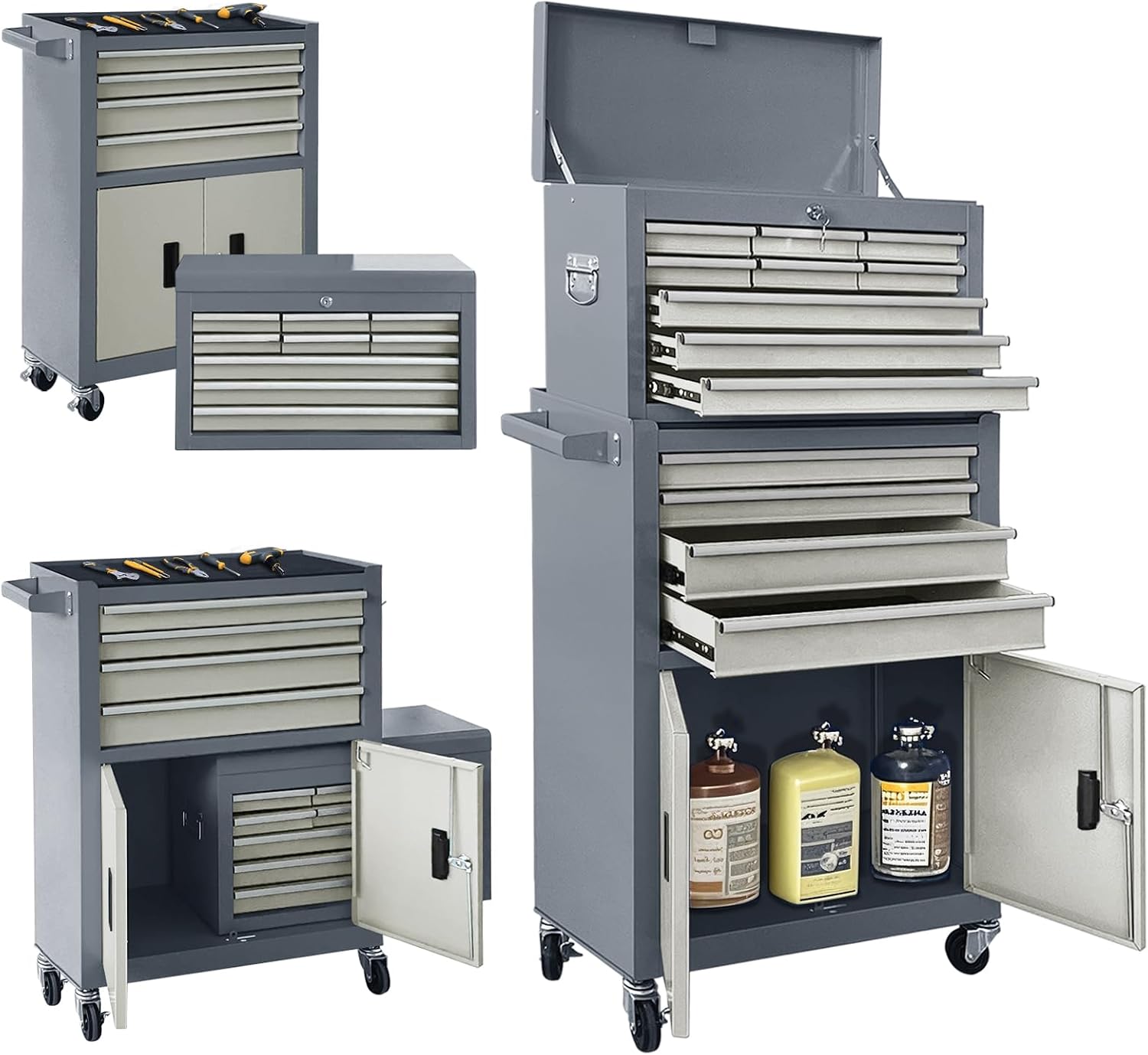 13-Drawer Double Doors Handle Rolling Tool Chest, 2 in 1 Detachable Rolling Tool Chests, Large Tool Boxes with Lock, Metal Standing Tool Cabinet for Garage Workshop(Gray)