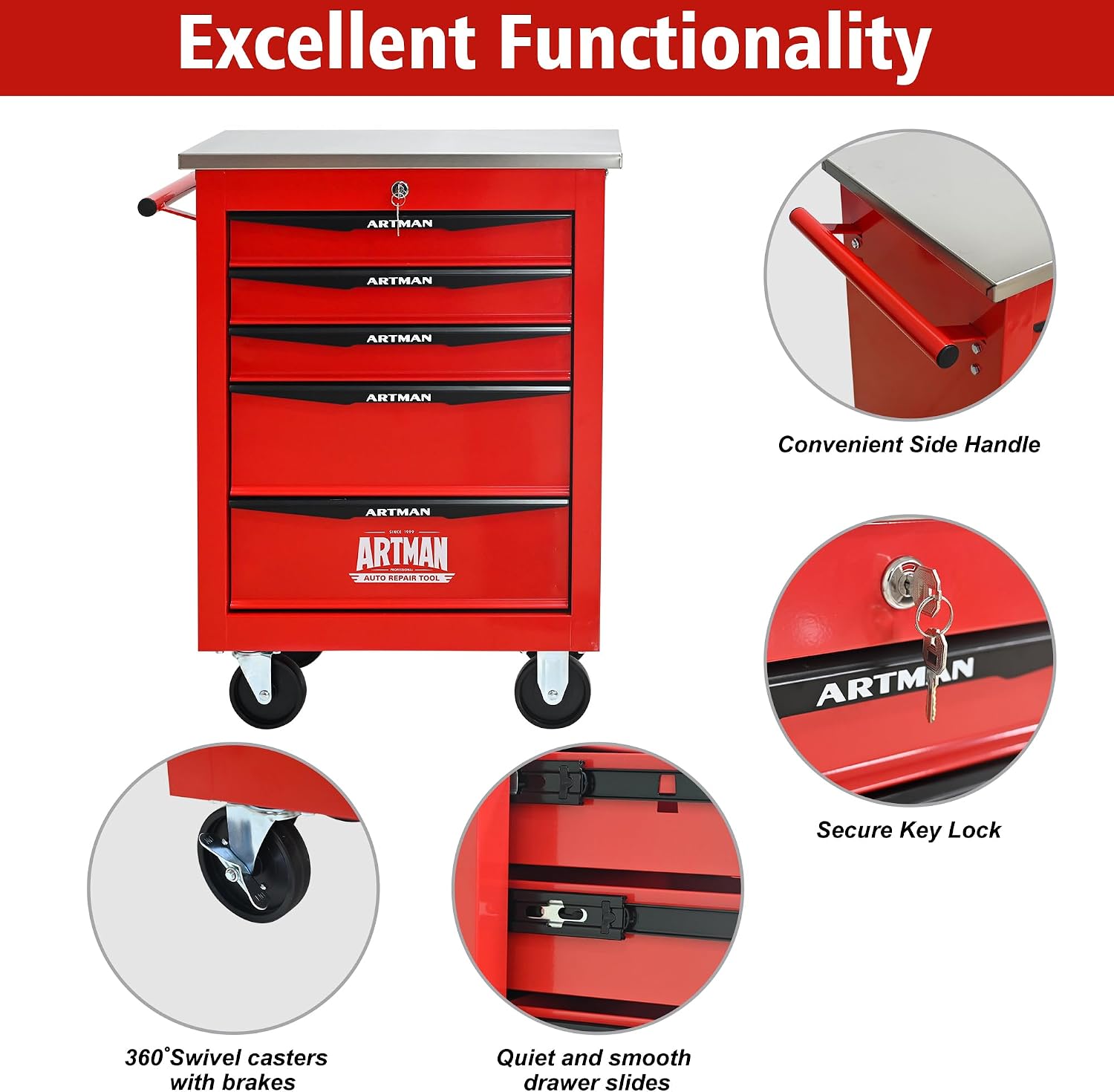 5 Drawers Rolling Tool Box on Wheels, Stainless Steel Countertop Tool Chest Cabinet with Lock, Drawers Rolling Tool Cart Trolley Organizer Tool Case for Garage,Warehouse (Red)
