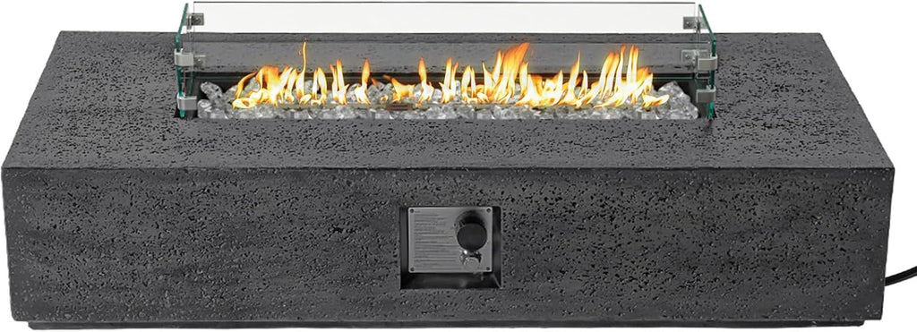 SUNBURY Outdoor Travertine Fire Pit Table, Propane Burning FirePit, 56x28 inch Square Patio Fire Table 50,000 BTU Fire Pit for Outside with Waterproof Cover and Glass Stones, Light Gray