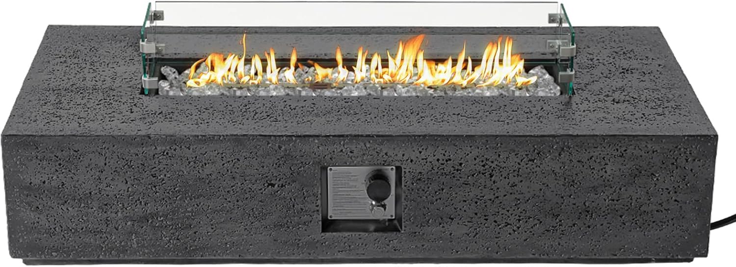 SUNBURY Outdoor Travertine Fire Pit Table, Propane Burning FirePit, 56x28 inch Square Patio Fire Table 50,000 BTU Fire Pit for Outside with Waterproof Cover and Glass Stones, Light Gray