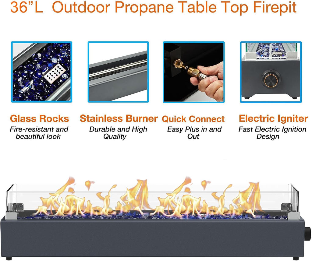 36-inch Table Top Propane Fire Pit, 40,000 BTU Tabletop Firepit for Patio, Outdoor Portable Rectangular Fire Bowl w/Wind Glass Shield, Glass Rocks - Carbon Gray