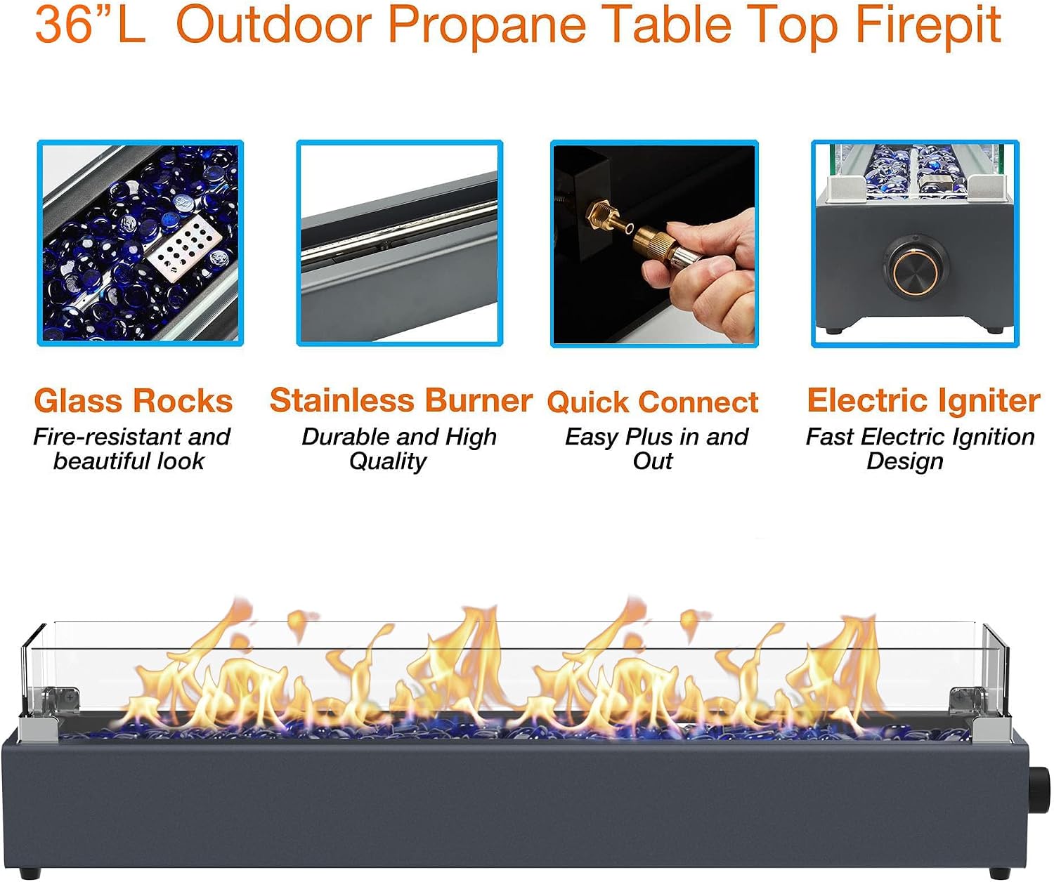 36-inch Table Top Propane Fire Pit, 40,000 BTU Tabletop Firepit for Patio, Outdoor Portable Rectangular Fire Bowl w/Wind Glass Shield, Glass Rocks - Carbon Gray