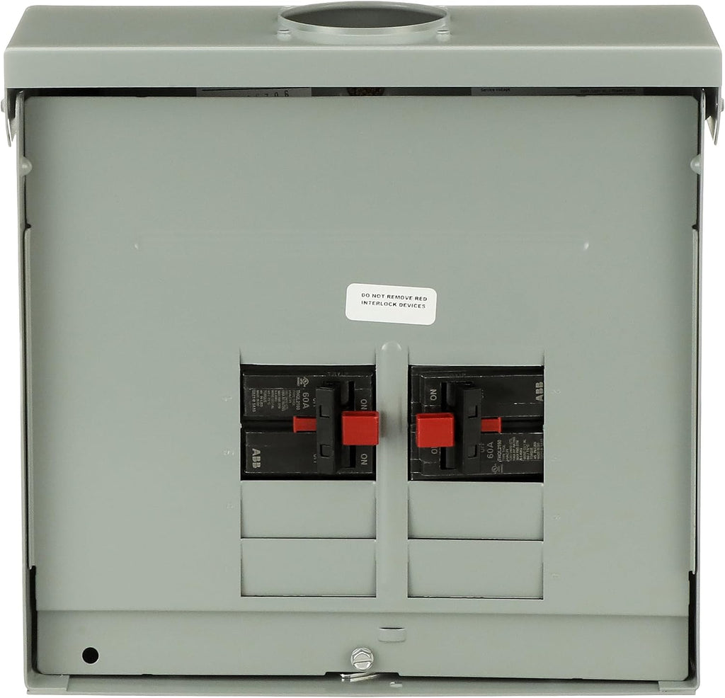 ABB TMQ860RCUGEN 60A Dual Main Breaker Generator Panel • 8-Space, Copper Bus • 1-Phase, 120/240V AC, 22 kAIC Interrupt • Outdoor NEMA 3R Surface Mount • Manual Transfer Switch • 1 Phase, 3 Wire
