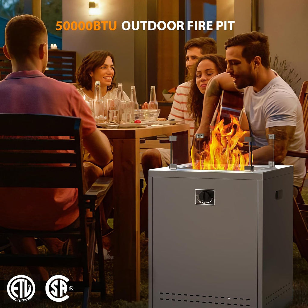 20' Square Smokeless Propane Fire Pit Table, 50,000 BTU Portable Outdoor Patio Heater with Lava Rocks, Glass Wind Guard & Cover for Deck, Backyard, Garden, Camping (Grey)