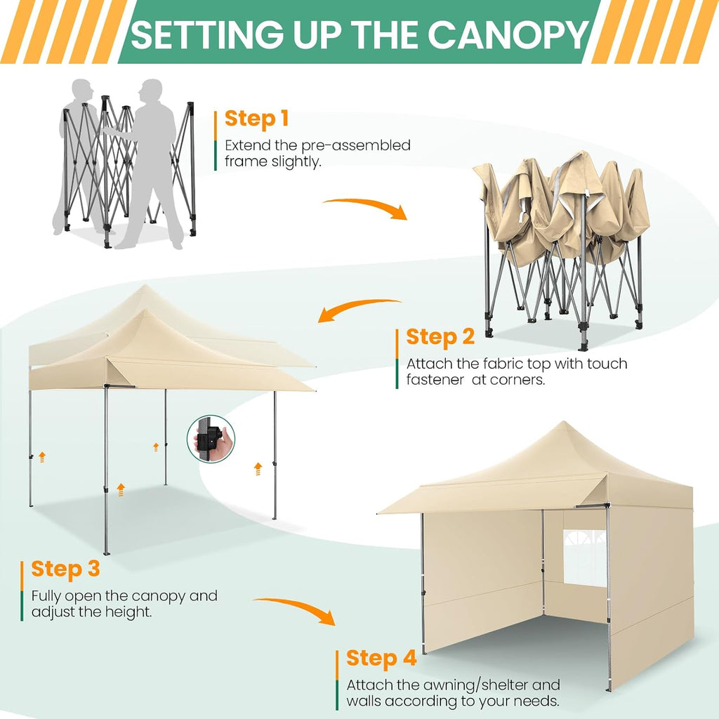 COBIZI 10x20 Pop up Heavy Duty Canopy Tent, Commercial Instant Canopies with Sturdy Awning, Outdoor Canopies for Market, Event, Khaki