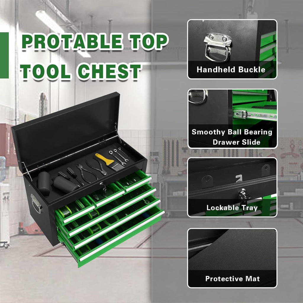 8-Drawer Rolling Tool Chest, High Capacity Removable Tool Storage Cabinet, Detachable Toolbox with Lock for Garage Warehouse and Workshop (Blackgreen)