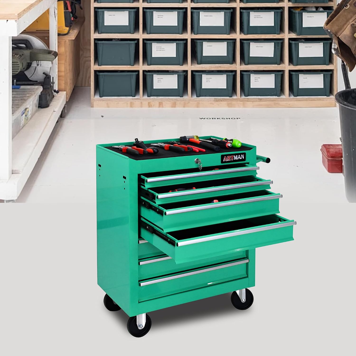 7 Drawers Tool Cart on Wheels, 7 Drawer Rolling Tool Chest with Key Lock, Trolley Organizer Tool Case, Multifunctional Rolling Tool Box for Garage,Warehouse,Workshop,Repair Shop (Green)