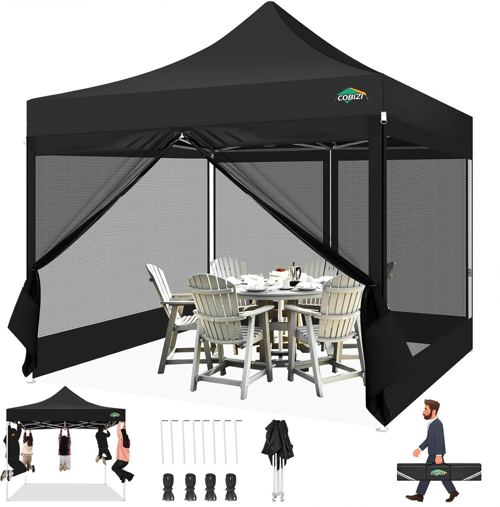 COBIZI 10x10 Canopy Tent with 4 Sidewalls,Heavy Duty Pop up Canopy with Mosquito Netting,Easy up Screen Tent for Parties Wedding Outdoor Camping with Handbag,Black