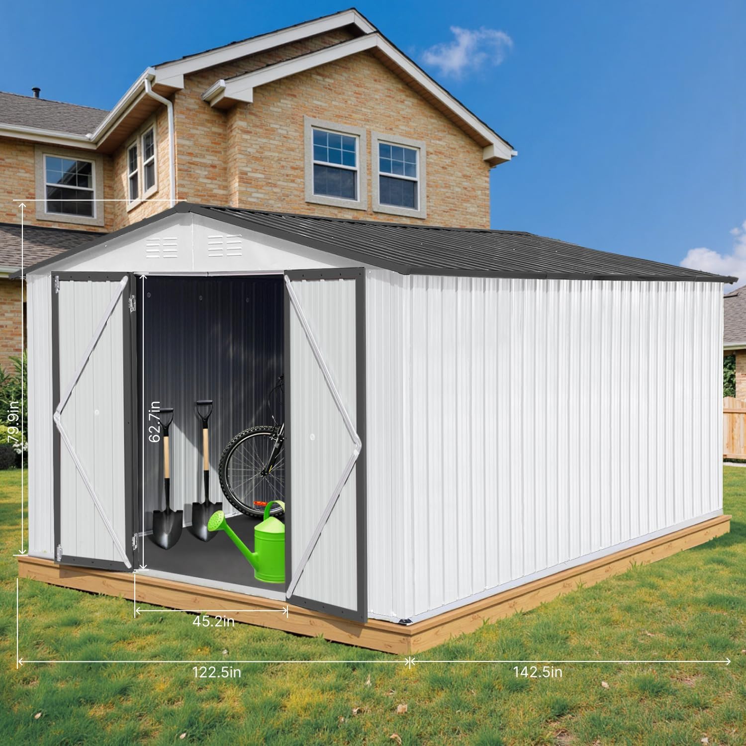 LINKHOO 10'x12' Metal Garden Shed, Outdoor Storage, White & Grey