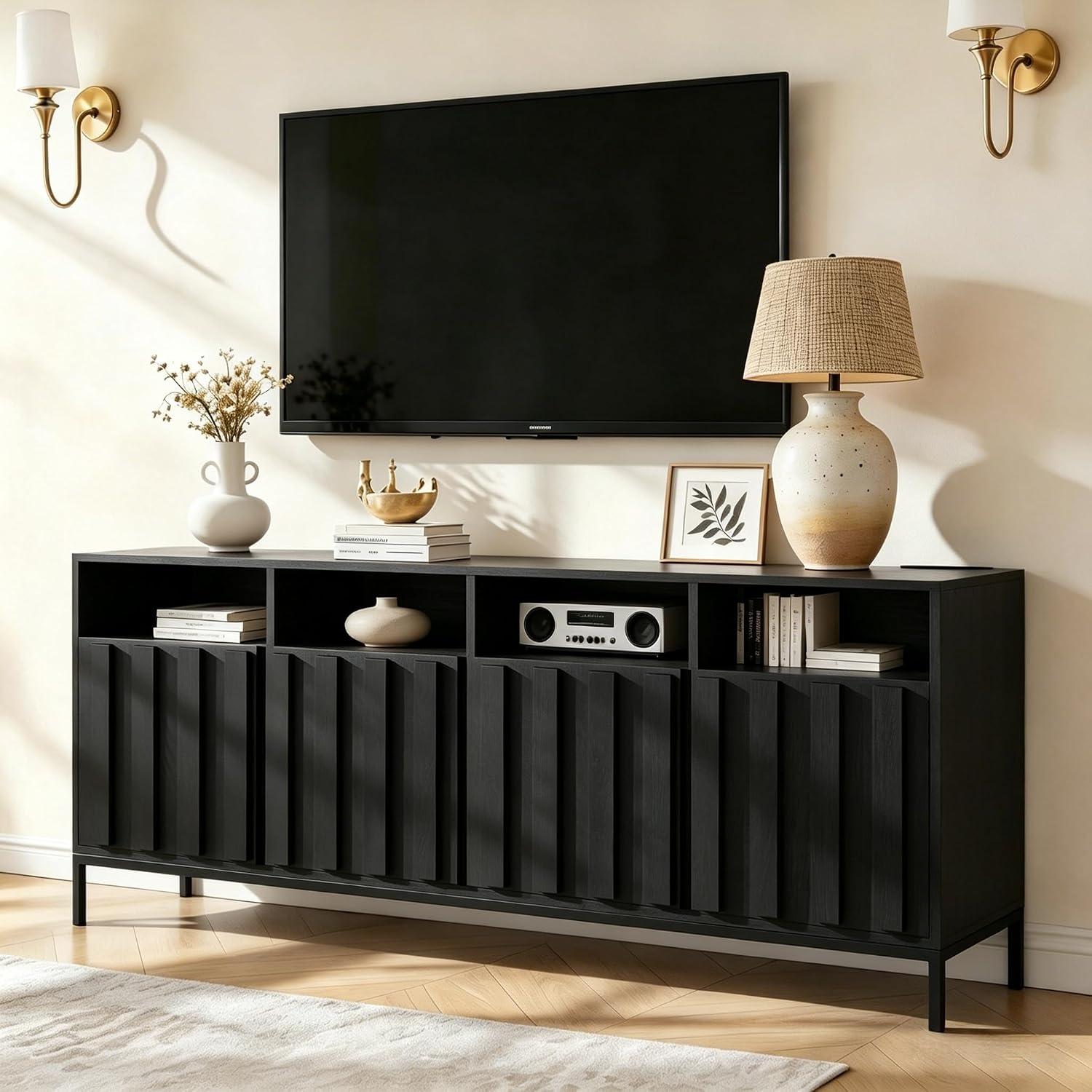 COCO DESIGN 70' Fluted TV Stand with Power Outlet for TVs up to 80', Modern Entertainment Center with Adjustable Shelves, Media Console Table with Storage for Living Room, Black