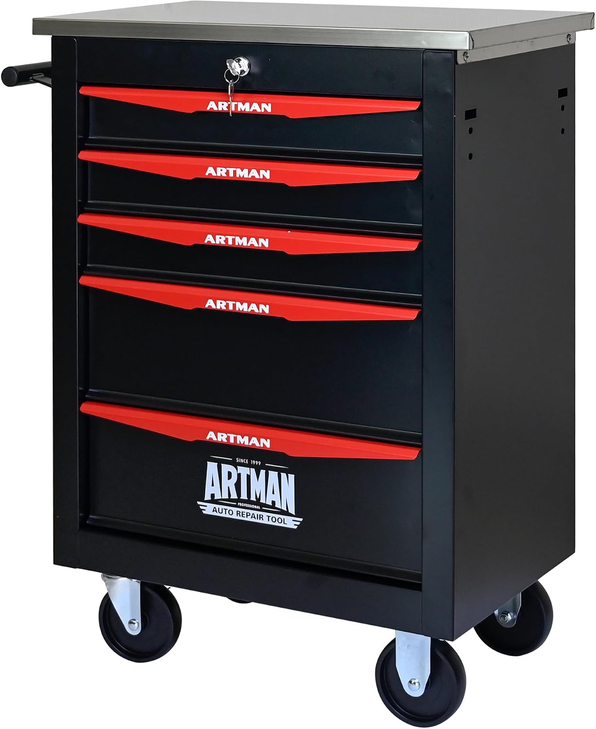 5 Drawers Tool Cart on Wheels with Stainless Steel Worktop, Heavy Duty Mobile Rolling Drawer Tool Chest with Locking Wheels & Lockable Drawers, Garage Tool Storage Cabinet (Black, 5 Drawers)